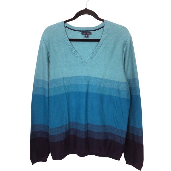 Tommy Hilfiger Ribbed V-Neck Striped Lightweight Preppy Blue Sweater Men's XL - Picture 1 of 10